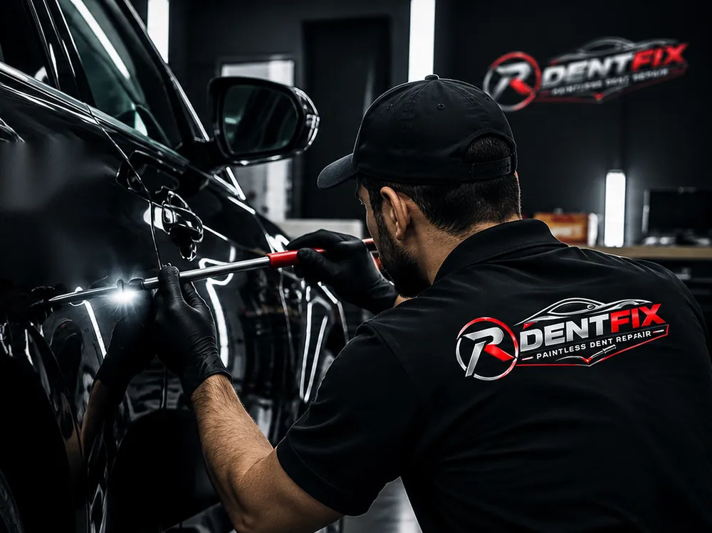 DentFix technician performing paintless dent repair on a black car door in a Dubai workshop