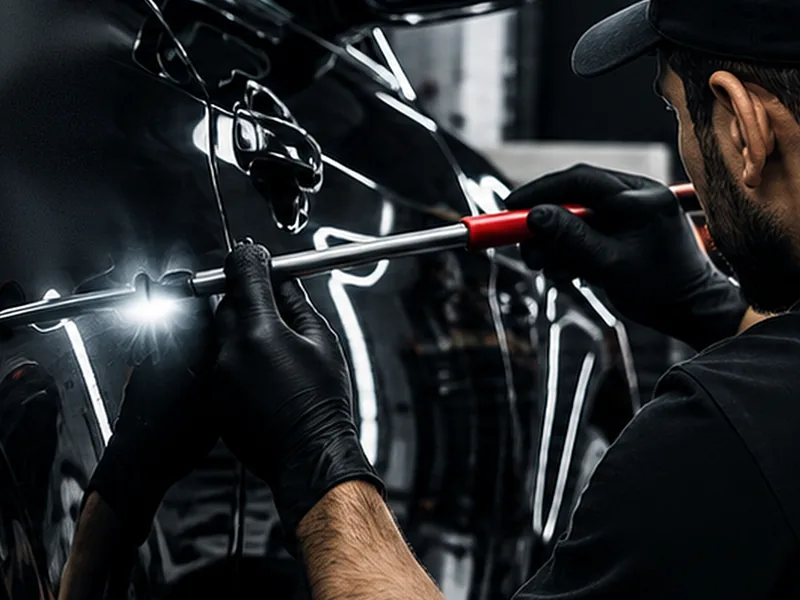 Technician performing paintless dent repair (PDR) on a car door in Dubai
